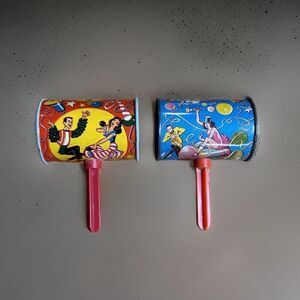 Vintage U.S. Metal Toy Noise Makers – Set of 2 – Retro Party Decor, Collectible